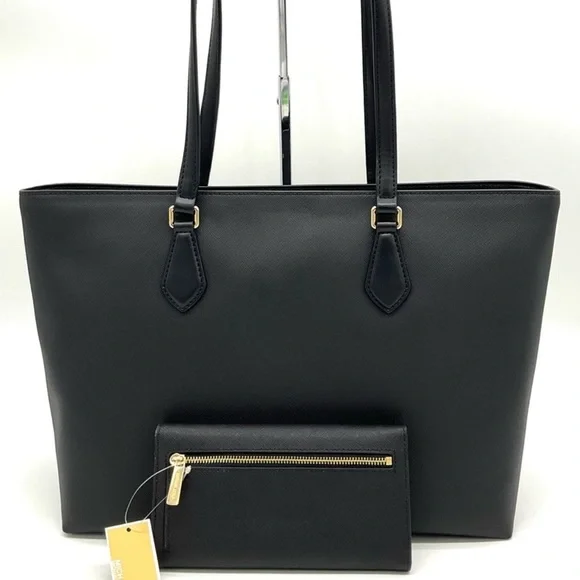 Michael Kors Bag Large Sheila Mf Tote Bag & Large Trifold Wallet Black/Gold - Picture 5 of 14